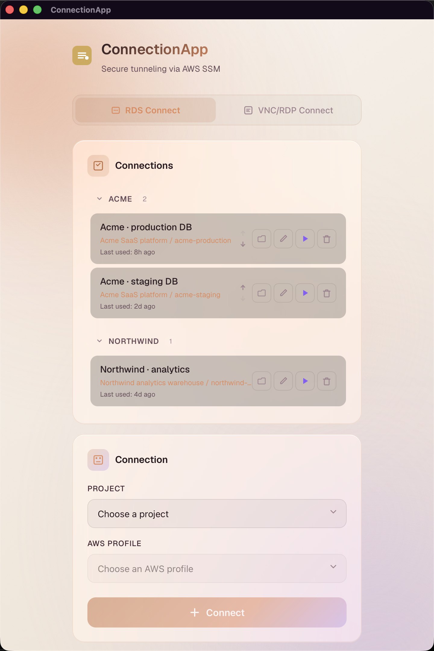 ConnectionApp on macOS: saved connections grouped by client (Acme, Northwind) with last-used times, and the connection form with project and AWS profile selectors