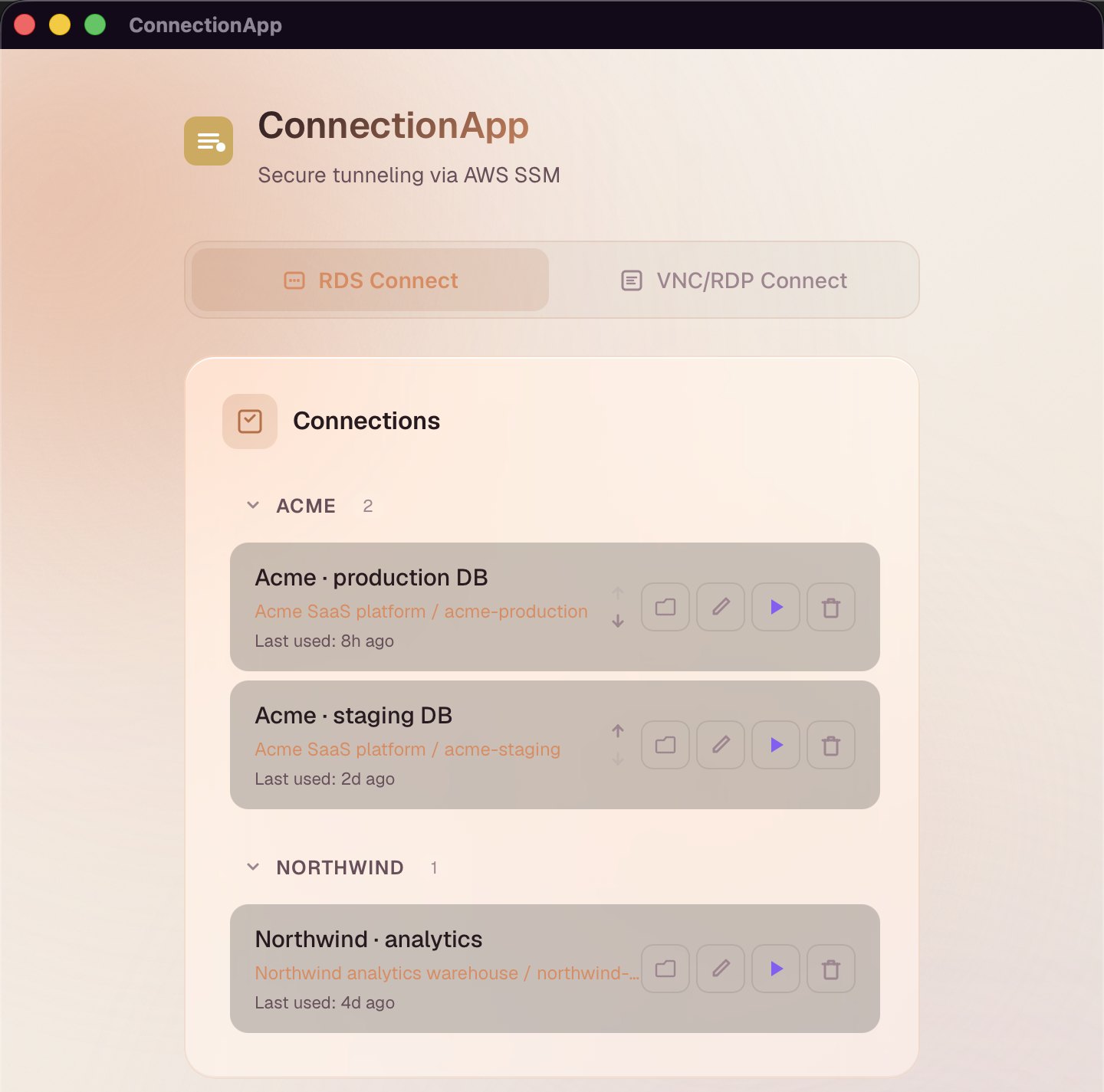 ConnectionApp on macOS: saved database connections grouped by client, one click to connect
